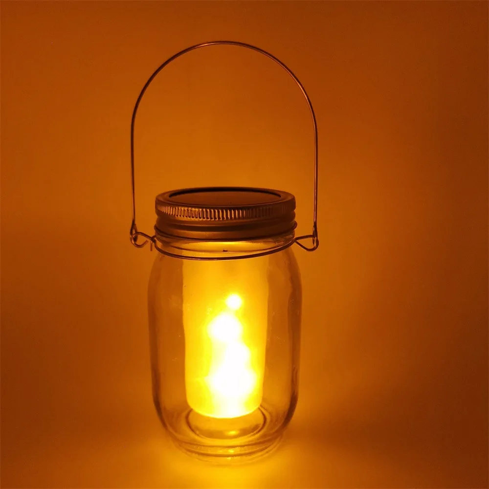 1PCS Solar LED Mason Jar Lit Light Torch Flame Warm LED Garden Outdoor Solar Bottle Lamp Candle Lantern Christmas Decoration
