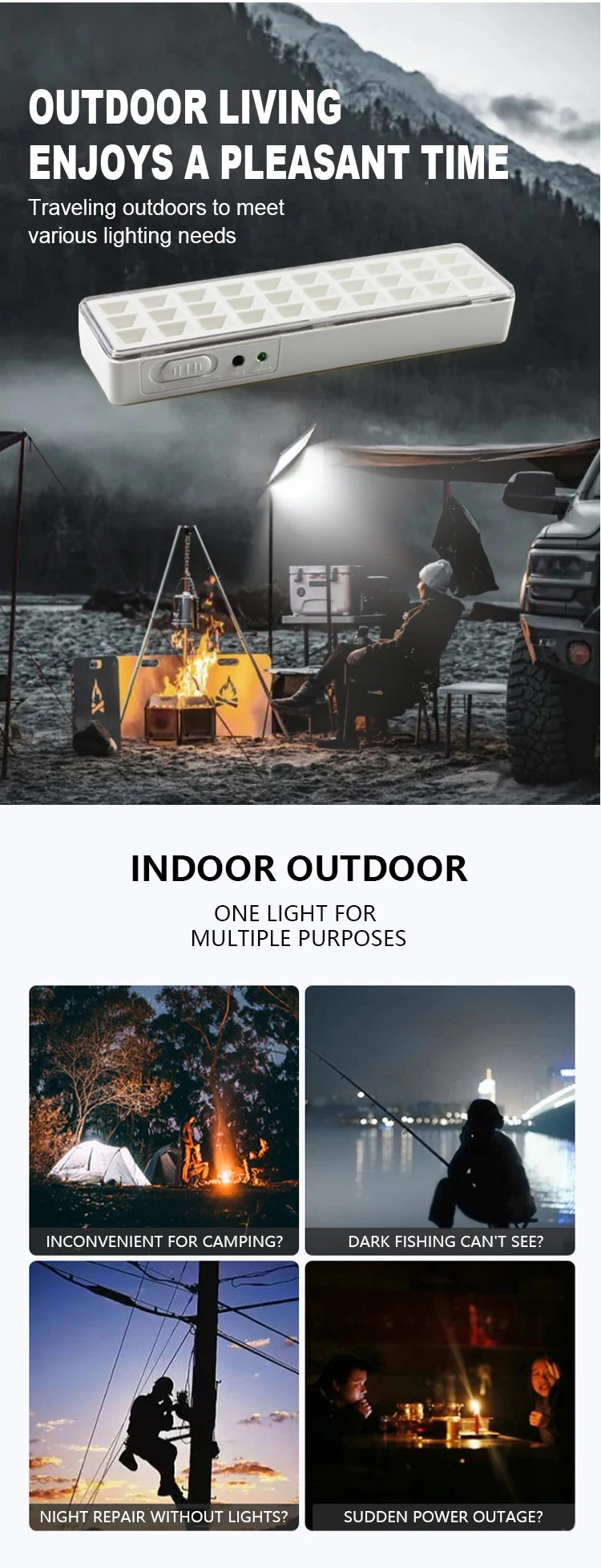 2 Modes Dimmable 30LED Rechargeable Emergency Lamp Outdoor Night Repair Lights Portable Camping Lantern for Power Outage Use