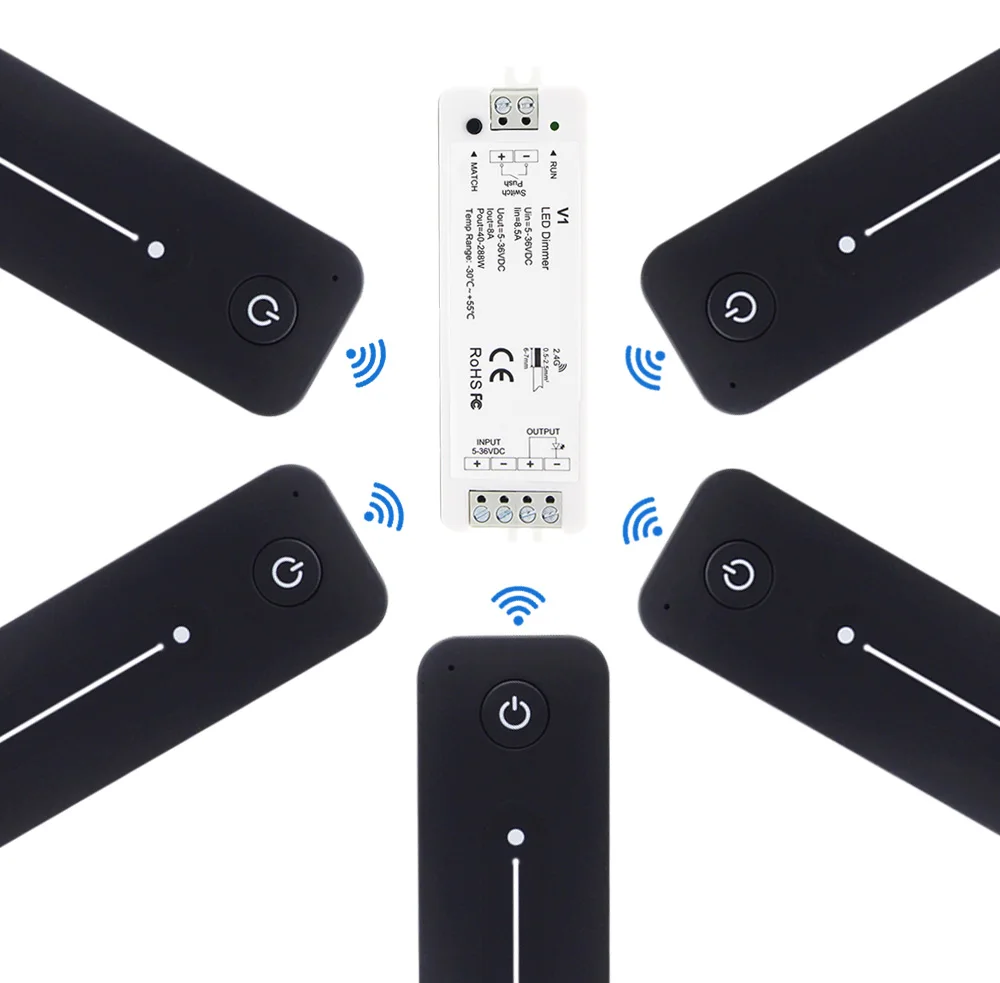 LED Dimmer 12V 5V 24V 36V 8A PWM Wireless RF Switch with 2.4G Brightness Adjustment Touch Remote for Single Color LED Strip V1