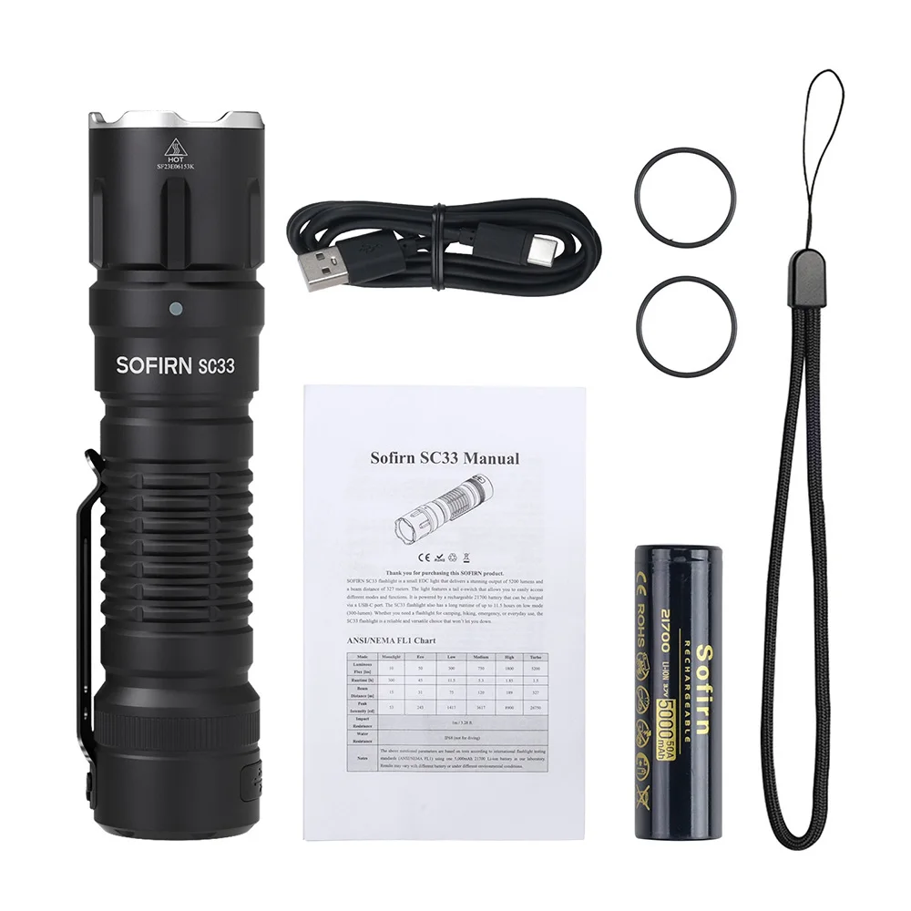 SOFIRN SC33 LED Tactical Flashlight XHP70.3 HI 5200lm Powerful 21700 Type C Rechargeable Torch E-switch Outdoor Light