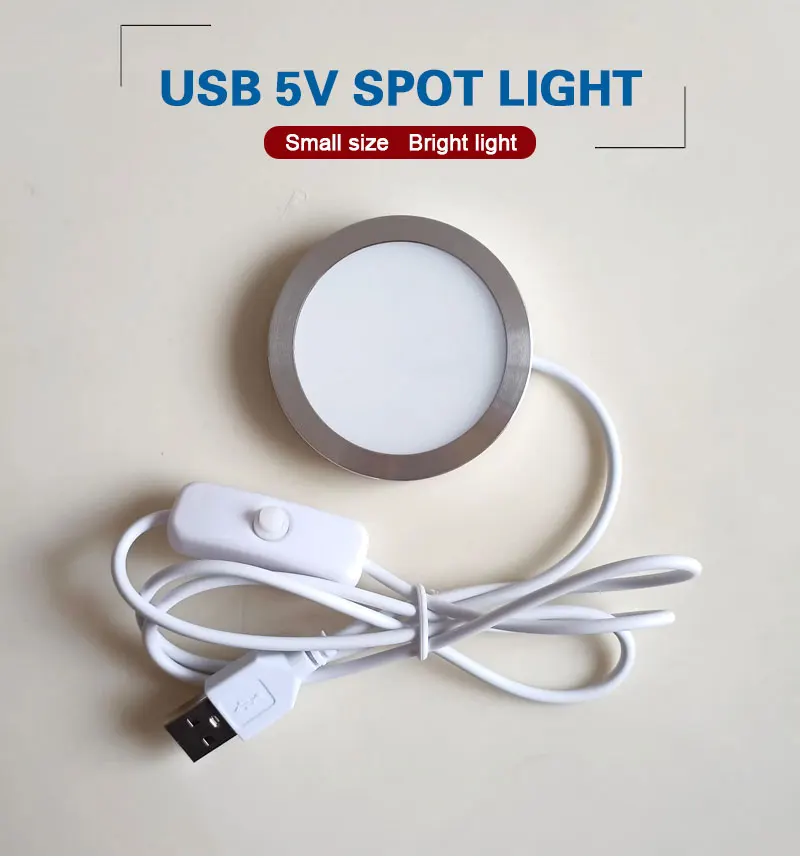 LED Spotlight USB 5V Ultra-thin Cabinet Mini Lamp with Switch 3w 5w 7w Display Jewelry Ceiling Spotlight with 3M Sticker Indoor
