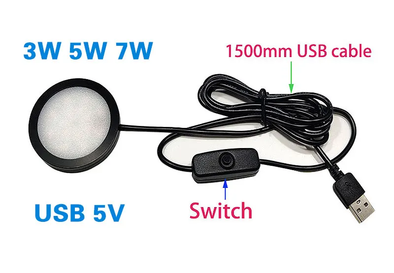 LED Spotlight USB 5V Ultra-thin Cabinet Mini Lamp with Switch 3w 5w 7w Display Jewelry Ceiling Spotlight with 3M Sticker Indoor