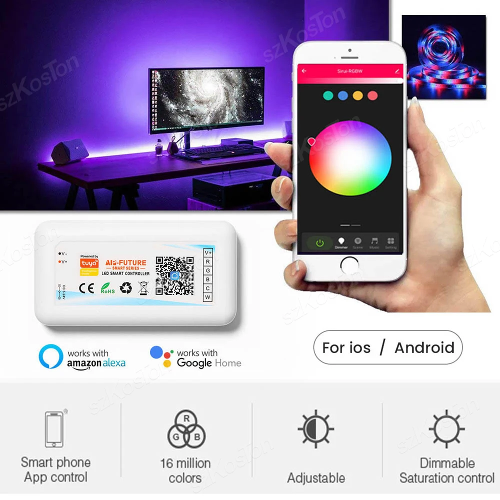 Tuya WiFi Smart LED Controller DC5V-24V RGB/RGBW/RGBCCT Single Color Dimmer LED Strip Remote Control Works with Alexa Google