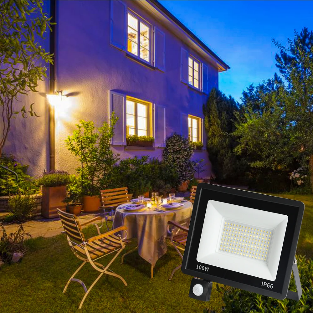 LED Floodlight PIR Motion Sensor White/Warm White IP66 AC220V Exterior Projector Spotlight SMD2835 Outdoor Lighting Floor Lamp