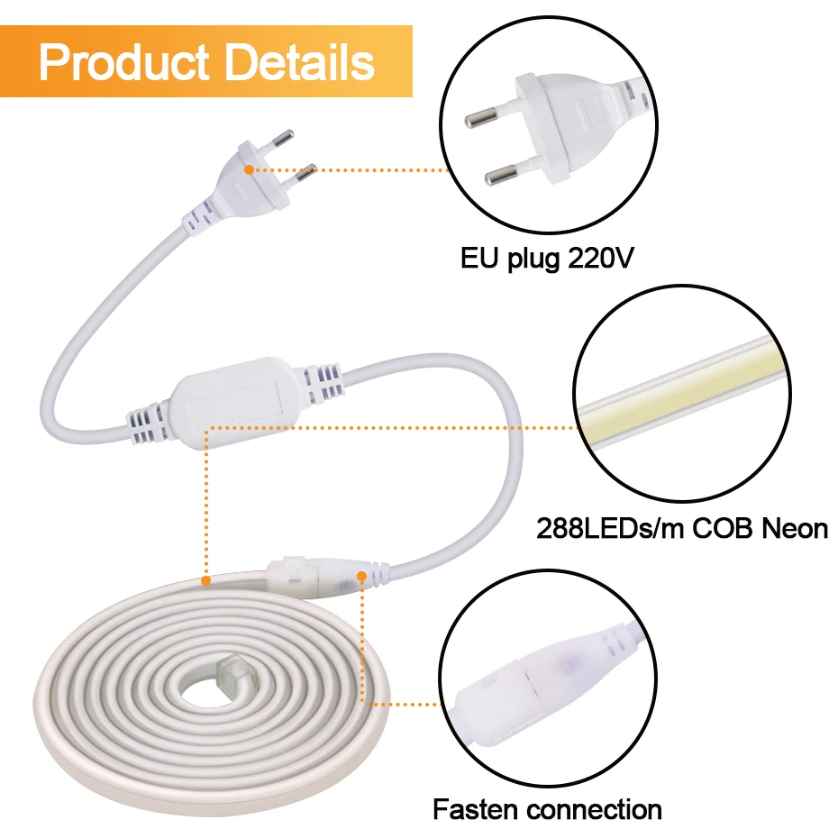 220V COB Led Strip Light Tape 288 LEDs/M Soft Flexible Tape IP65 Waterproof with EU Power Plug 1m-30m for Garden Lighting Decor