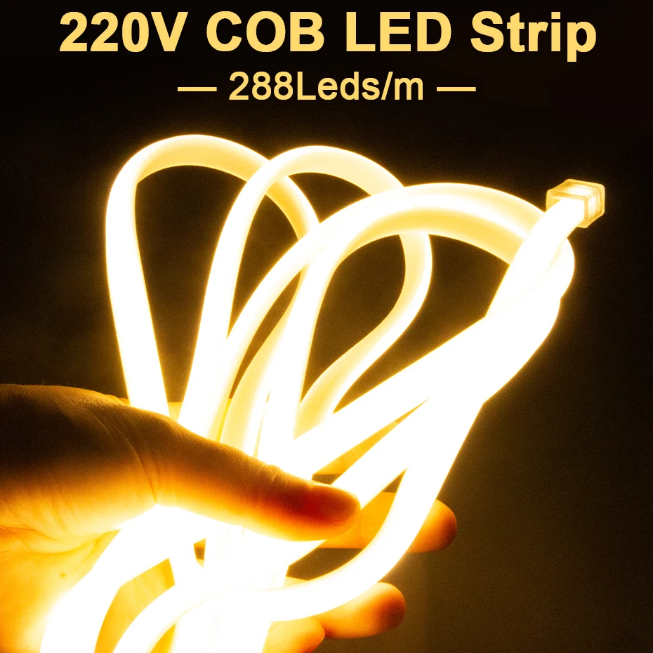 220V COB Led Strip Light Tape 288 LEDs/M Soft Flexible Tape IP65 Waterproof with EU Power Plug 1m-30m for Garden Lighting Decor