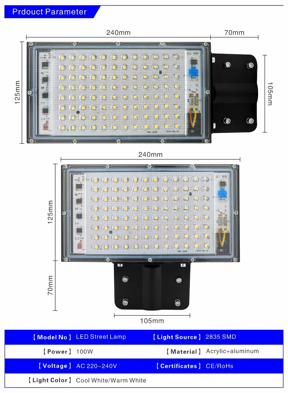 100W LED Street Light AC 220V-240V Outdoor Floodlight Spotlight IP65 Waterproof Wall Light Garden Road Street Pathway Spot Light