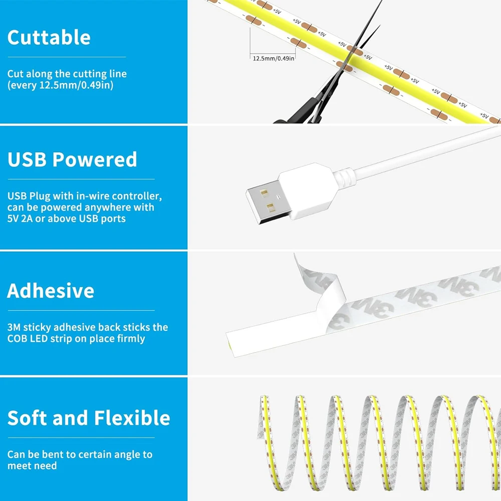 USB Homekit COB LED Strip Light 5V 1m 2m Warm white Neutral white Dimmable Flexible Lamp 3000K 4000K 6500K Siri Voice Control