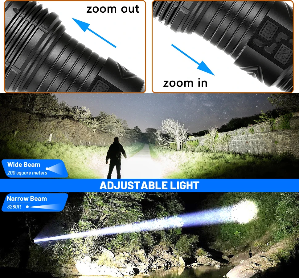 Powerful LED Flashlight Super Bright Spotlight Long Range Zoomable Emergency Torch Outdoor Tactical Flashlight Power Display