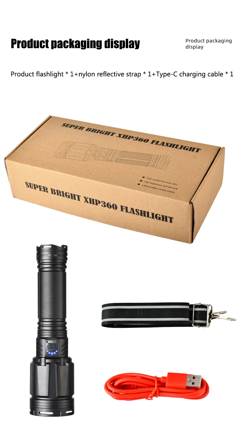 Powerful LED Flashlight Super Bright Spotlight Long Range Zoomable Emergency Torch Outdoor Tactical Flashlight Power Display