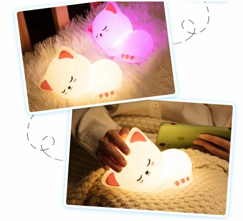 Soft Silicone Cat Seven Colors LED Night Lights USB Rechargeable Children Baby Kids Floor Lamp Creative Cartoon Room Decor Light