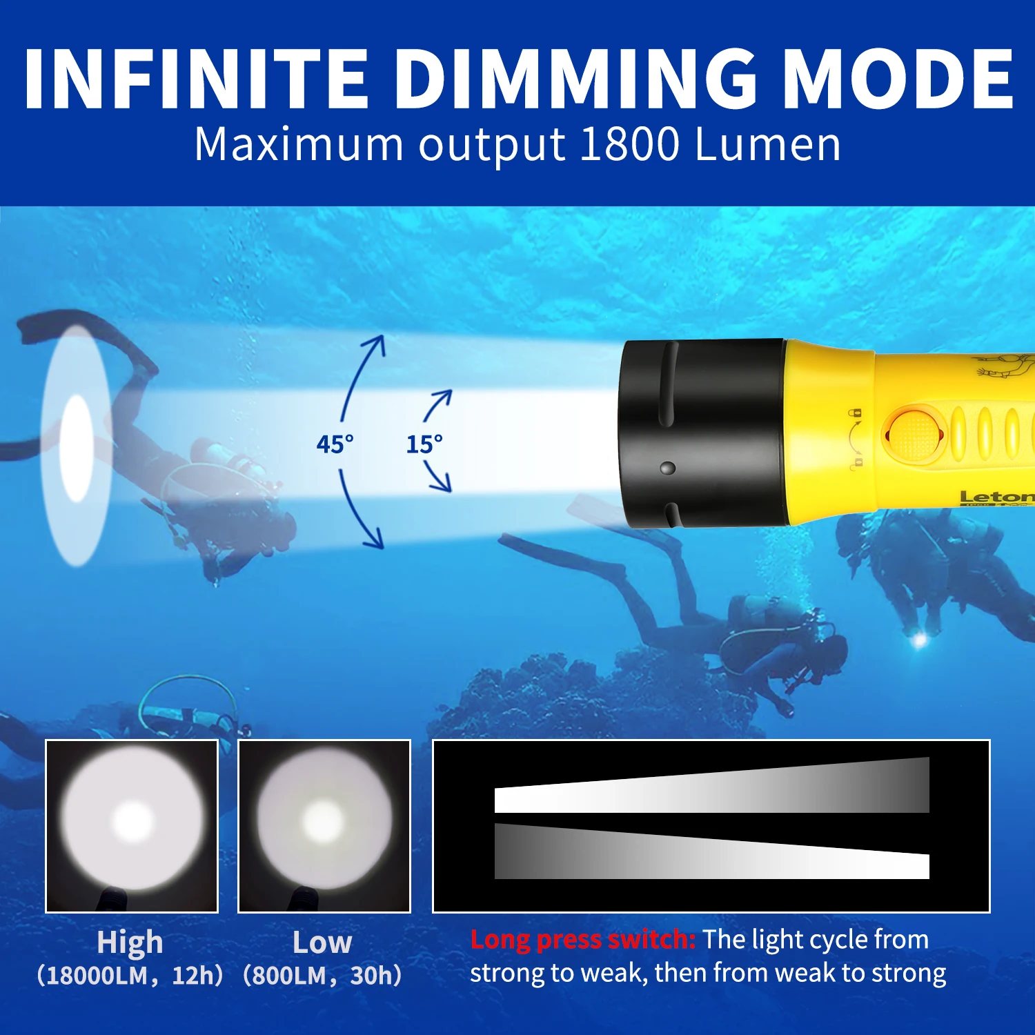 Diving Flashlight 3000LM CERR LED focus long waterproof night submersible fishing IPX8 outdoor underwater strong penetrati
