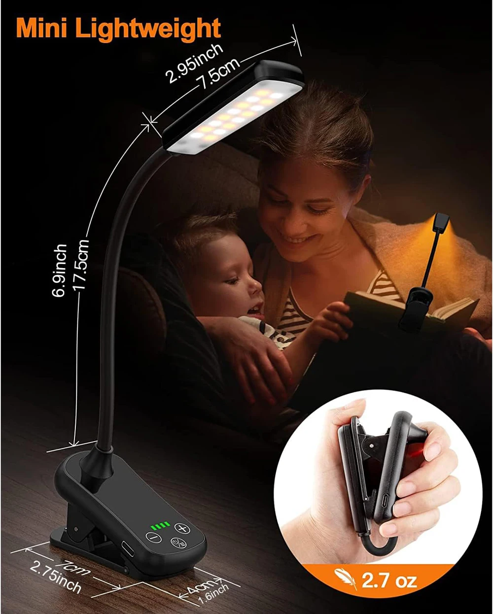 Dual Heads 14 LED Touch Control Reading Light with 3 Colors&8 Brightness USB Rechargeable Eye Care Book Light Clip on Book/Desk