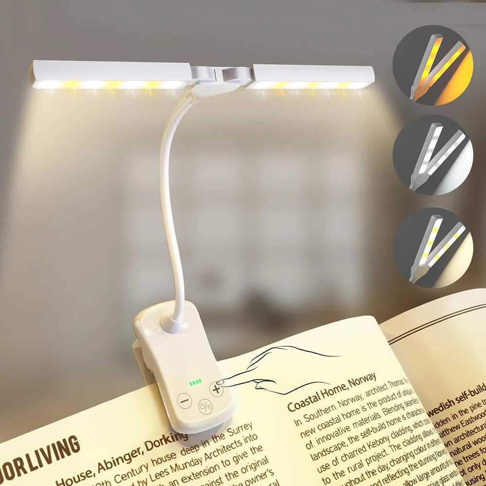 Dual Heads 14 LED Touch Control Reading Light with 3 Colors&8 Brightness USB Rechargeable Eye Care Book Light Clip on Book/Desk
