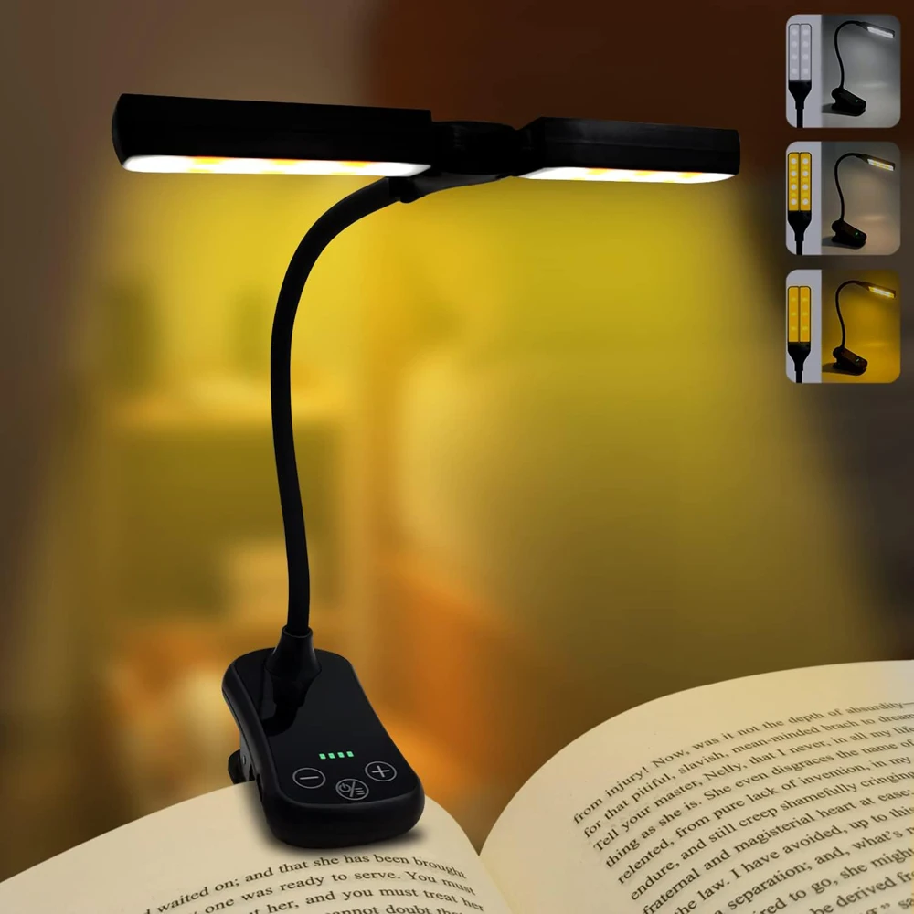 Dual Heads 14 LED Touch Control Reading Light with 3 Colors&8 Brightness USB Rechargeable Eye Care Book Light Clip on Book/Desk