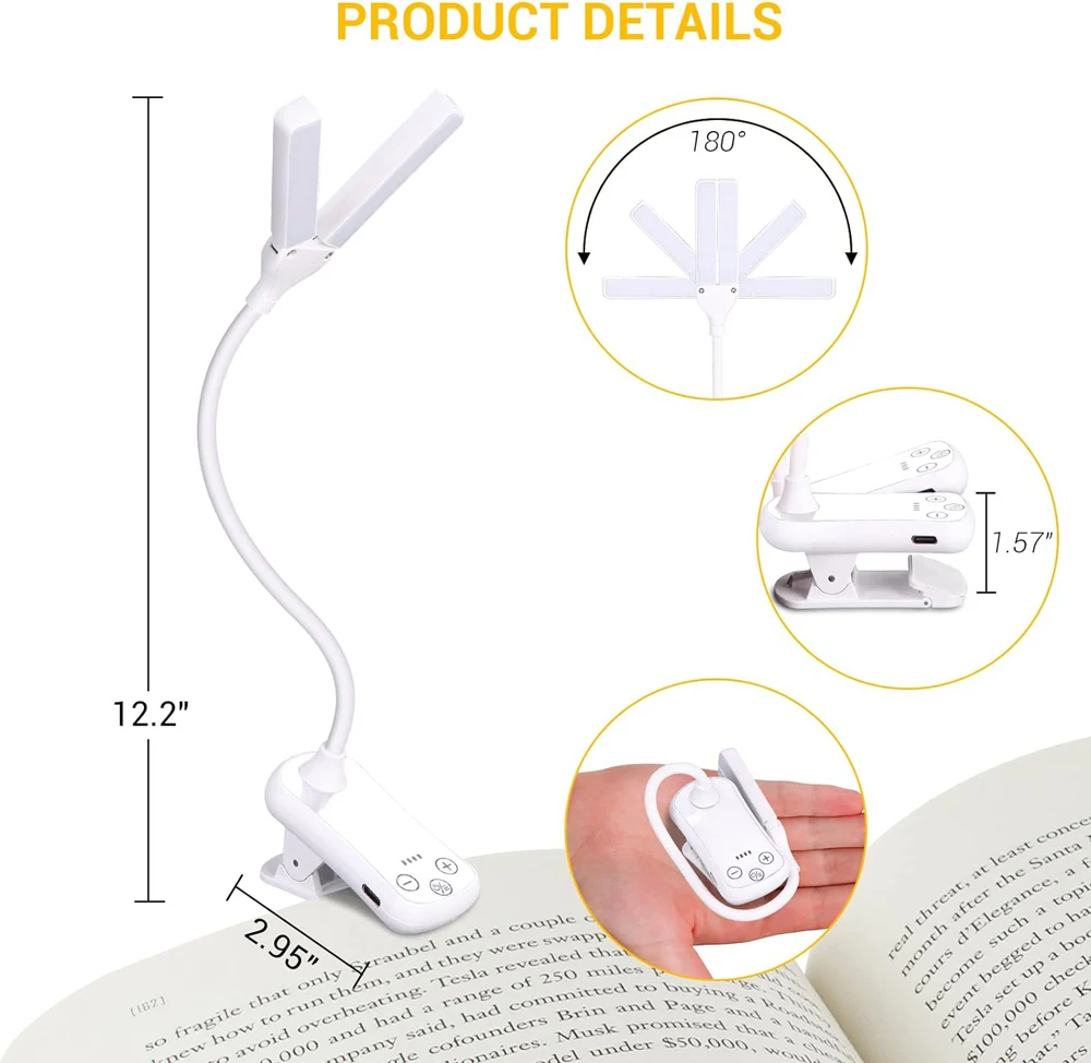 Dual Heads 14 LED Touch Control Reading Light with 3 Colors&8 Brightness USB Rechargeable Eye Care Book Light Clip on Book/Desk