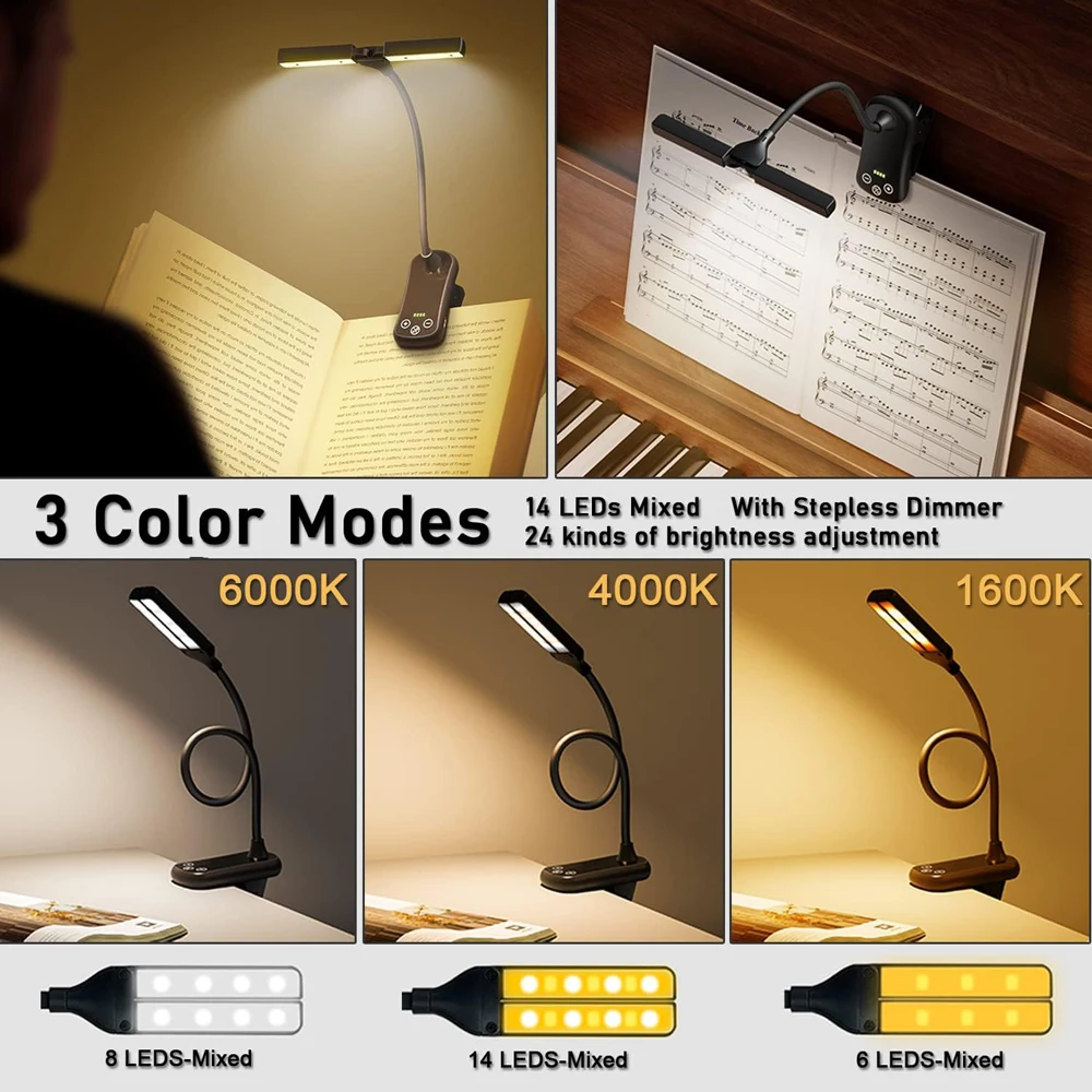 Dual Heads 14 LED Touch Control Reading Light with 3 Colors&8 Brightness USB Rechargeable Eye Care Book Light Clip on Book/Desk