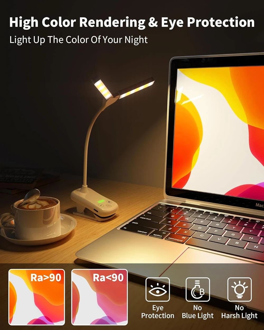 Dual Heads 14 LED Touch Control Reading Light with 3 Colors&8 Brightness USB Rechargeable Eye Care Book Light Clip on Book/Desk
