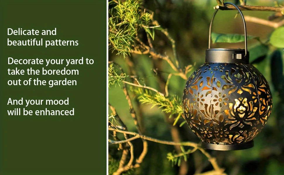 Metallic Solar Lantern Hanging LED Garden Lights Christmas Night Light for Outdoor Patio Lawn Backyard Courtyard Tabletop Decor