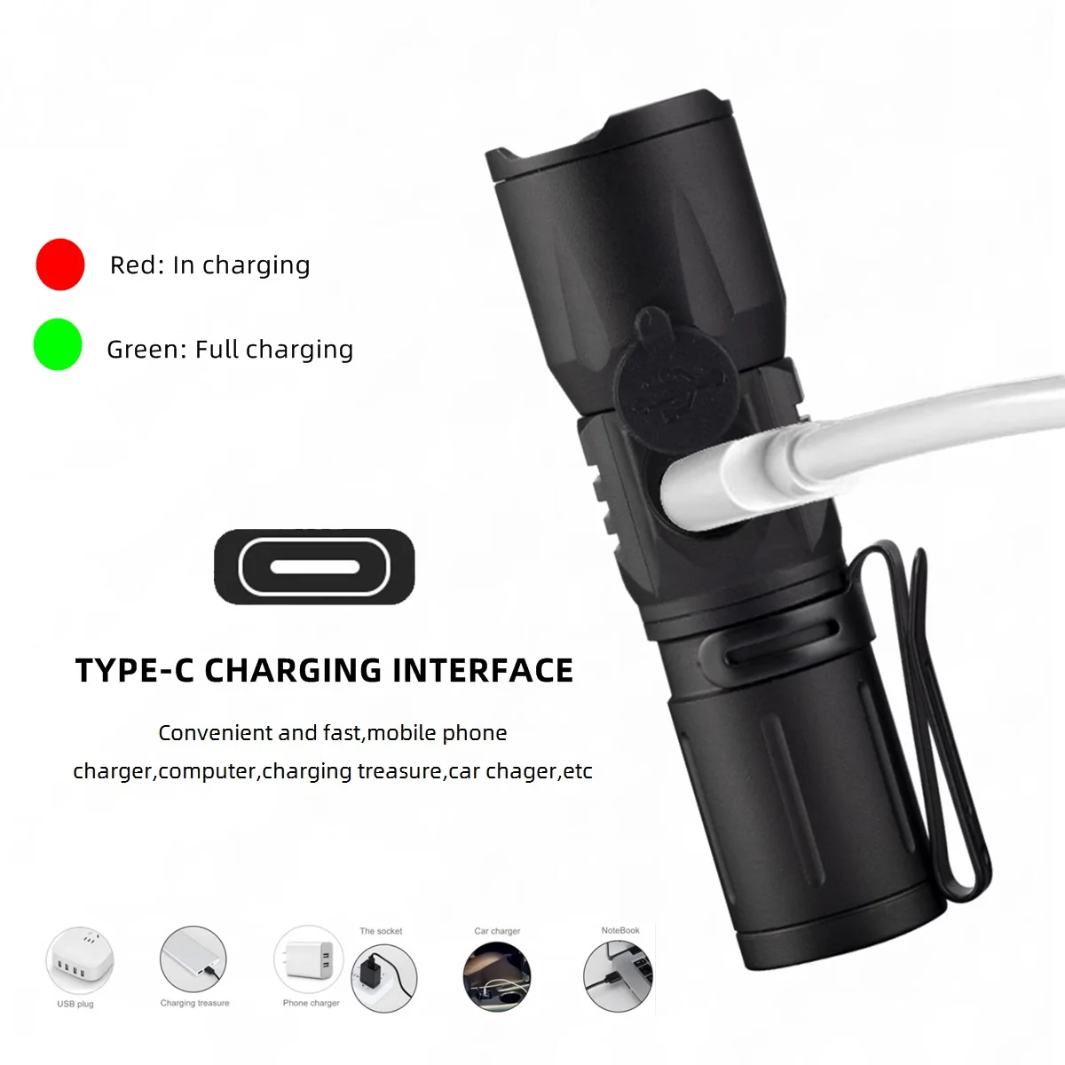 High Power Zoom Beam Light LED Lighting Mini Flashlight Type-C Usb Rechargeable Portable Pocket Torch Home Outdoor 16340 Battery