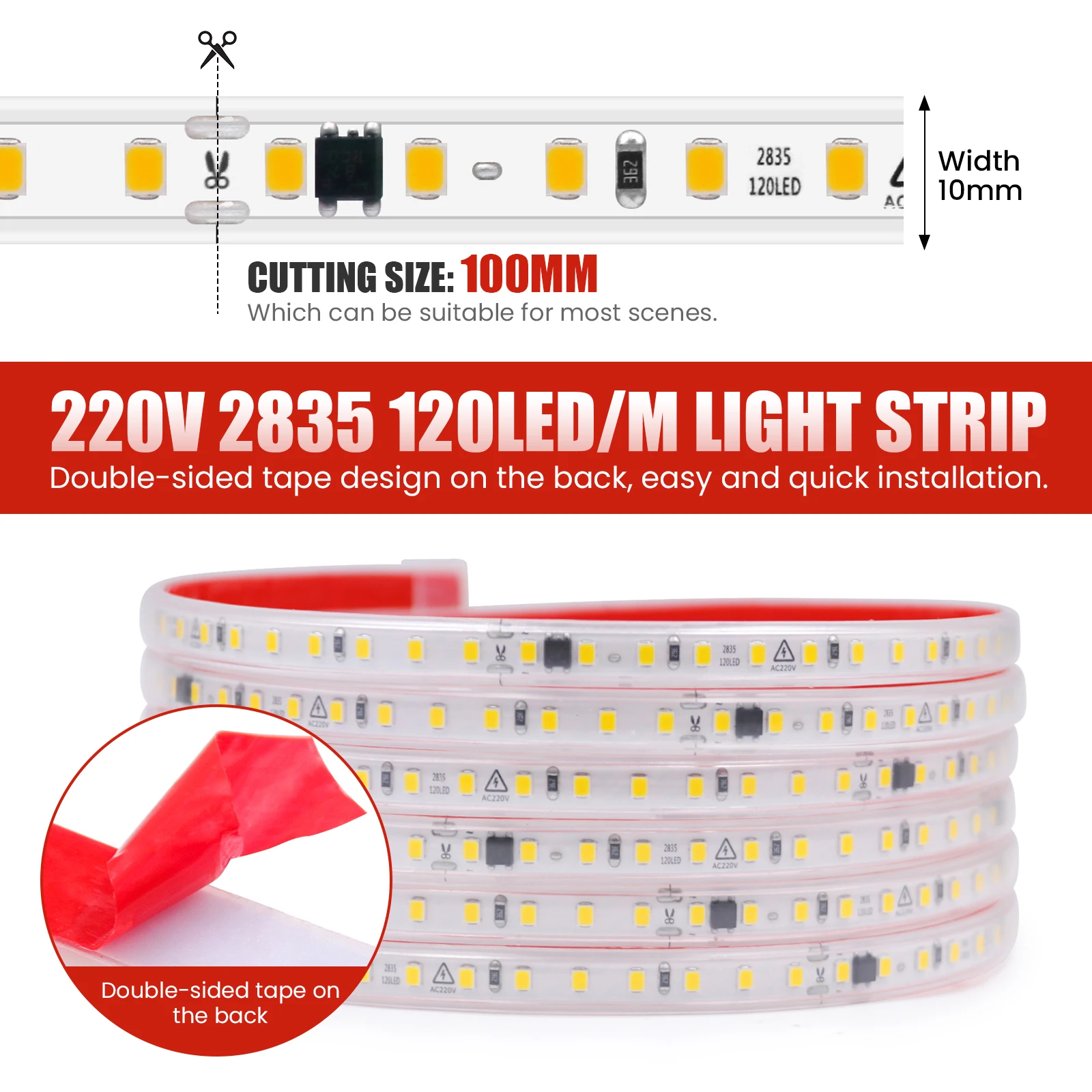 220V LED Strip Light 0.5m 5m 10m 20m 25m 30m 40m 2835 120LEDs Flexible LED Tape with Adhesive Tape Waterproof Ribbon Light
