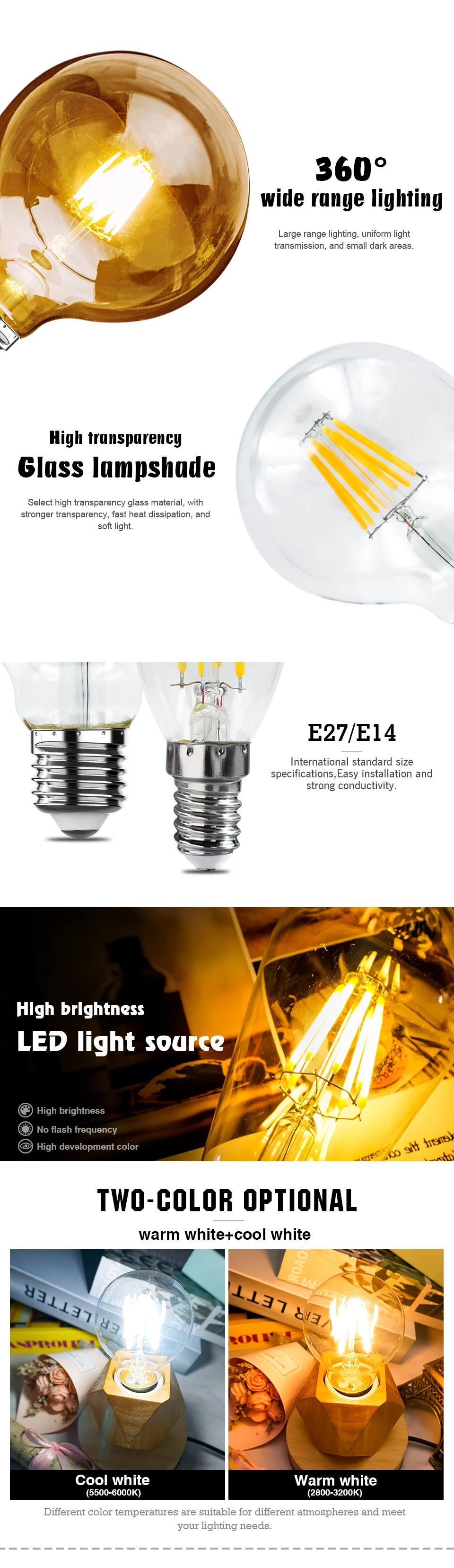 4PCS LED Edison Filament Light Bulbs Glass C35 A60 ST64 G80 G95 E27 E14 2W 4W 6W 8W AC 220V 2700K 6000K 360 Degree Energy Lamps