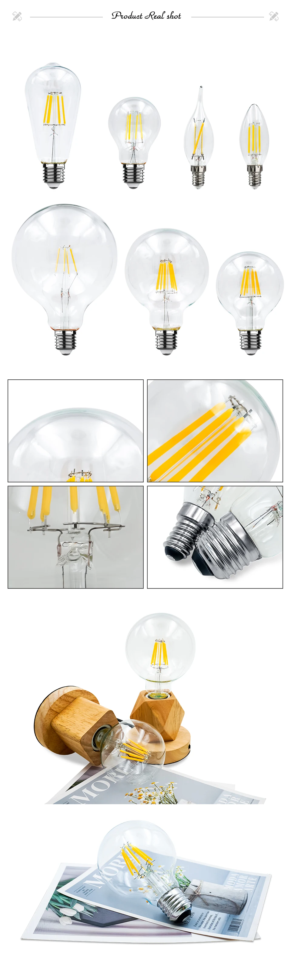 4PCS LED Edison Filament Light Bulbs Glass C35 A60 ST64 G80 G95 E27 E14 2W 4W 6W 8W AC 220V 2700K 6000K 360 Degree Energy Lamps