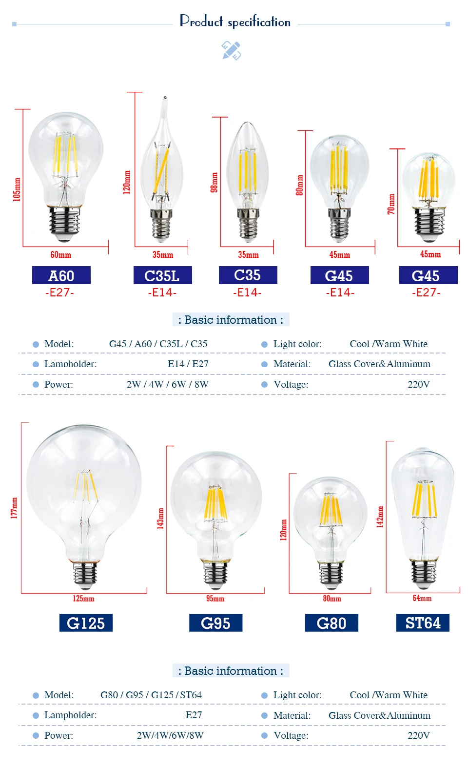 4PCS LED Edison Filament Light Bulbs Glass C35 A60 ST64 G80 G95 E27 E14 2W 4W 6W 8W AC 220V 2700K 6000K 360 Degree Energy Lamps