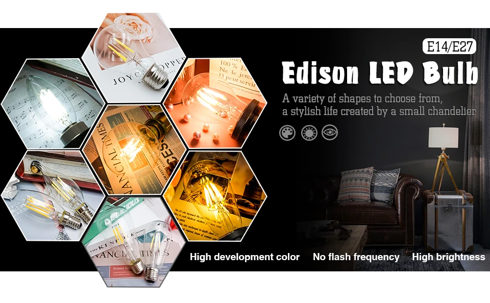 4PCS LED Edison Filament Light Bulbs Glass C35 A60 ST64 G80 G95 E27 E14 2W 4W 6W 8W AC 220V 2700K 6000K 360 Degree Energy Lamps