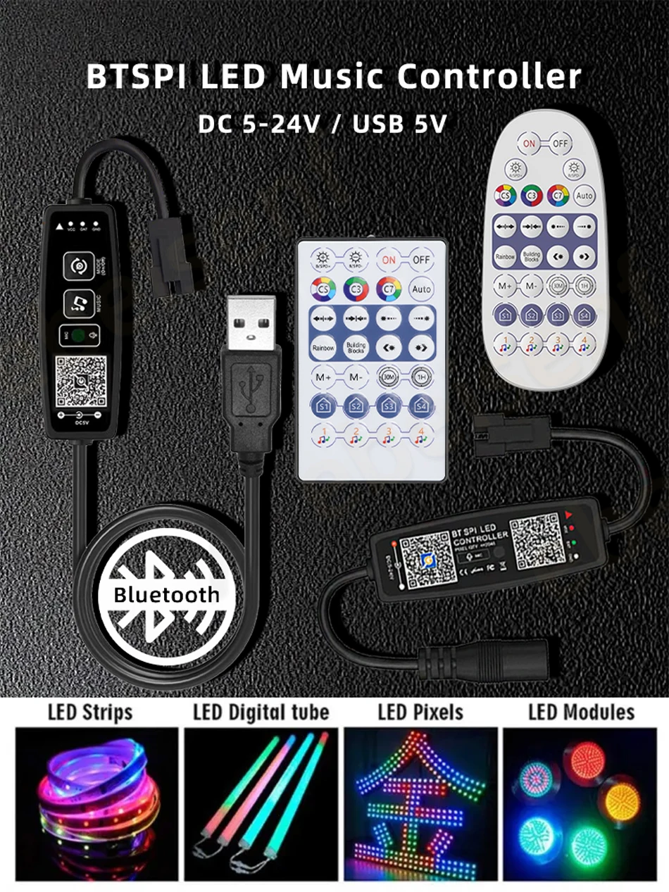 DC / USB Bluetooth SPI LED Music Controller 5V 12V 24V 2048 Pixel Smart APP Dimmer RF Remote for WS2812 WS2811 Magic Light Strip