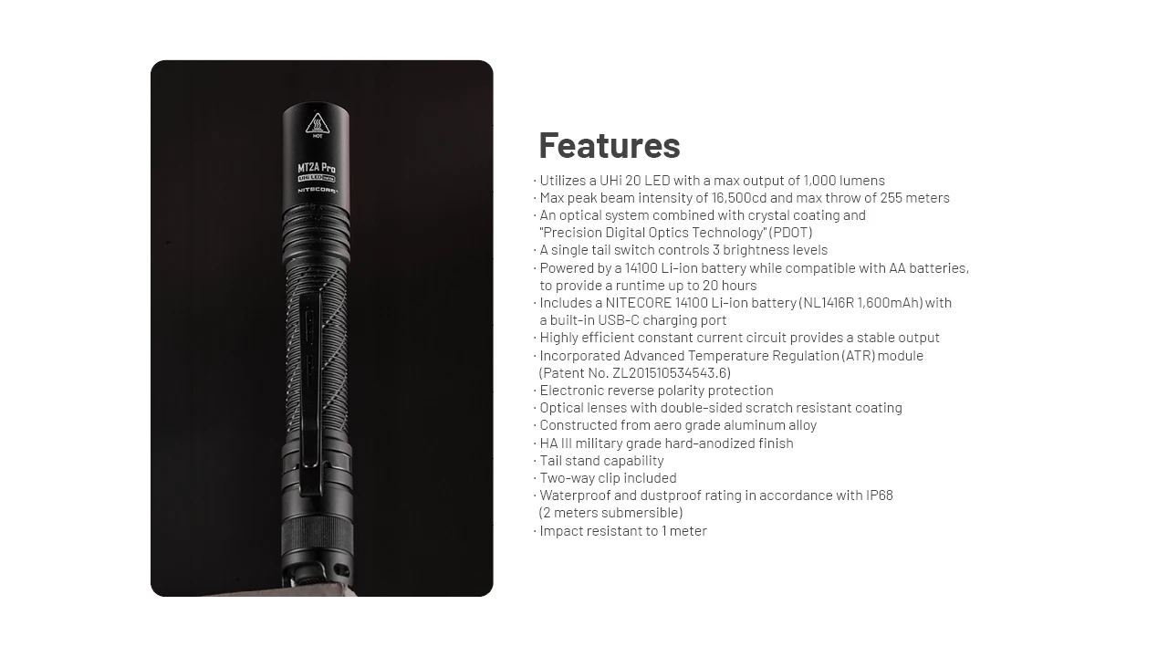 NITECORE MT2A Pro 1000Lumens USB-C Rechargeable AA Flashlight UHi 20 LED Include Battery