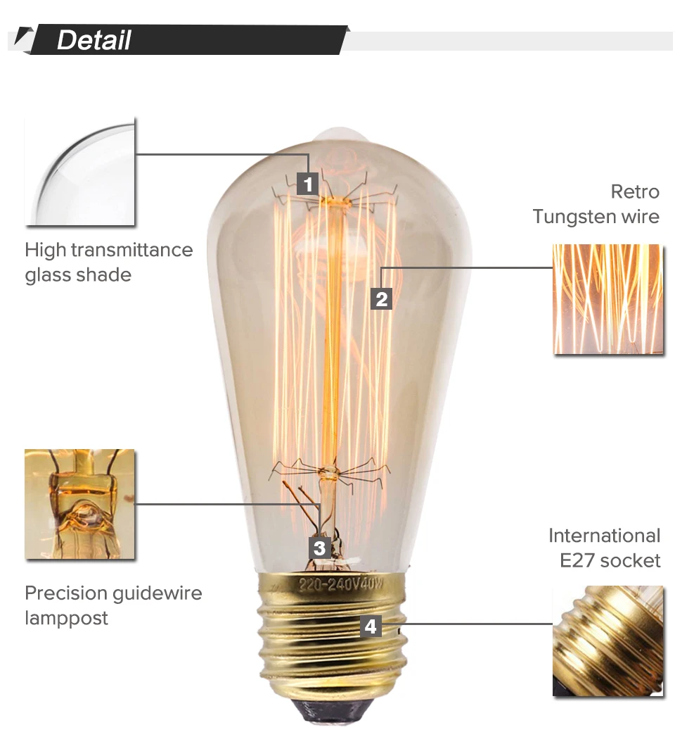 Retro Edison Light Bulb E27 40W 220V 110V Bedroom Industrial Loft Vintage Bulb For Home Decor Filament incandescent Edison Lamp