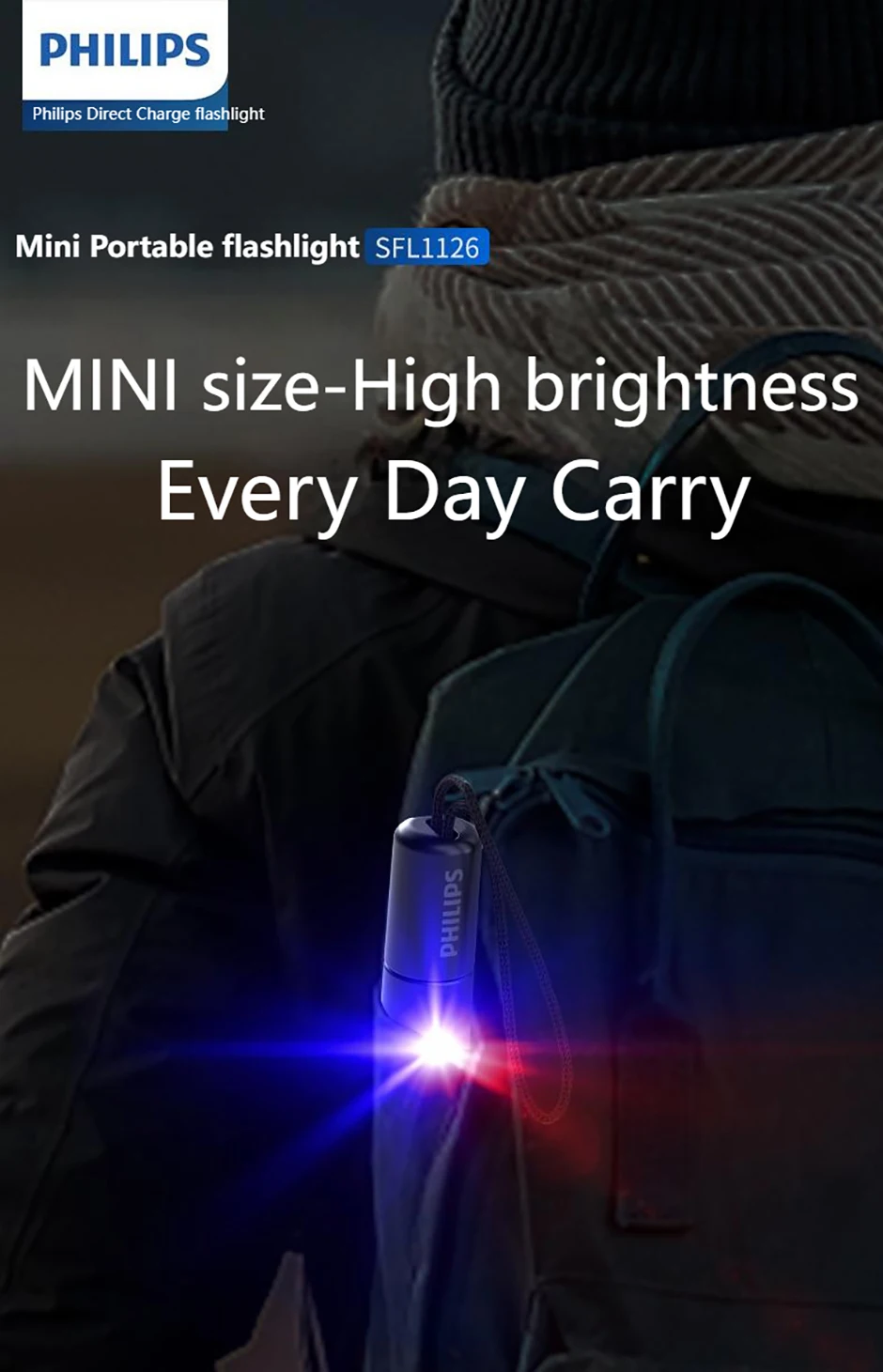 Philips New 7cm LED Rechargeable Mini Portable Flashlight 7 Lighting Modes For Hiking And Travel Self Defense
