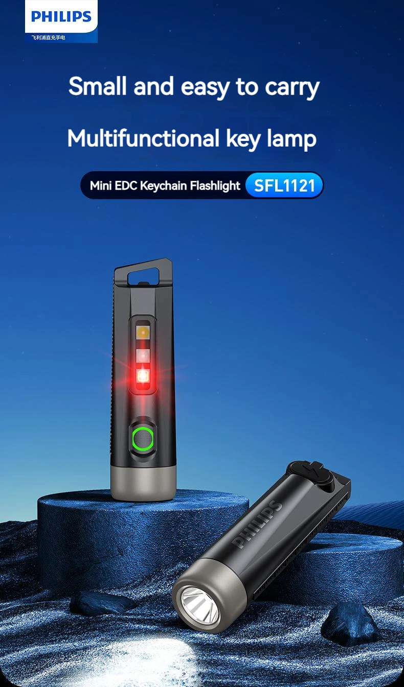 Philips New 7cm LED Rechargeable Mini Portable Flashlight 7 Lighting Modes For Hiking And Travel Self Defense