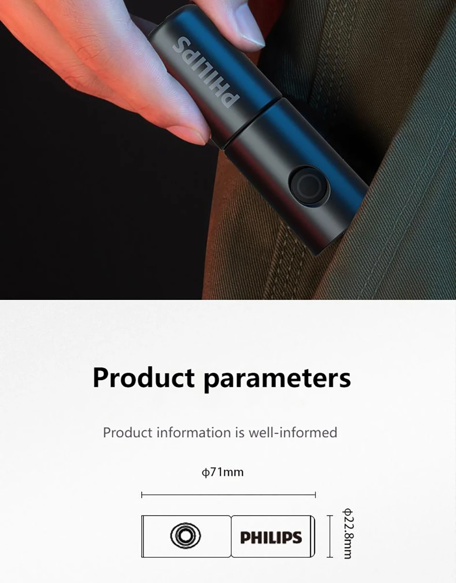 Philips New 7cm LED Rechargeable Mini Portable Flashlight 7 Lighting Modes For Hiking And Travel Self Defense
