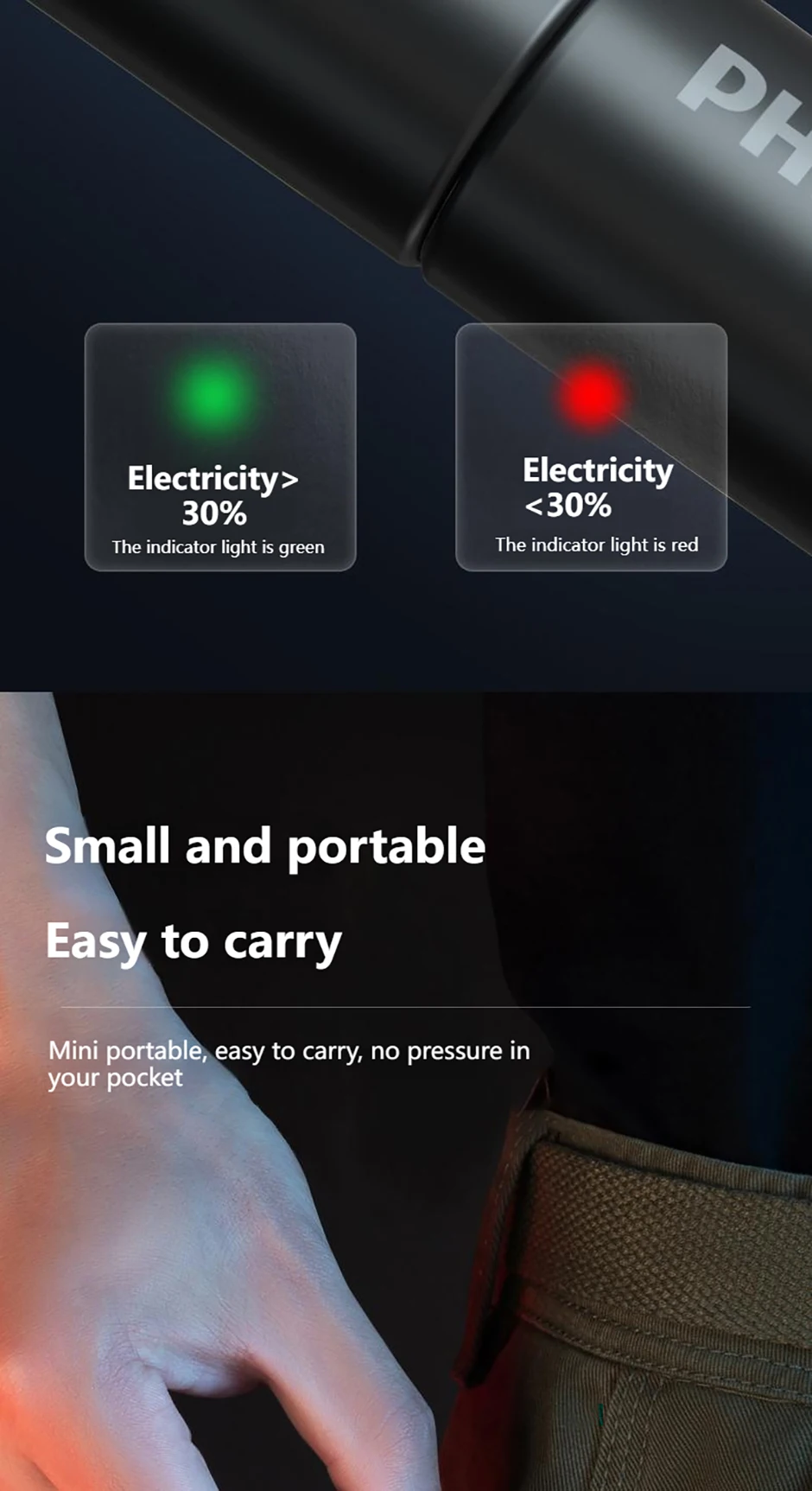 Philips New 7cm LED Rechargeable Mini Portable Flashlight 7 Lighting Modes For Hiking And Travel Self Defense