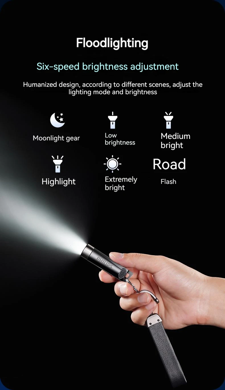 Philips New 7cm LED Rechargeable Mini Portable Flashlight 7 Lighting Modes For Hiking And Travel Self Defense