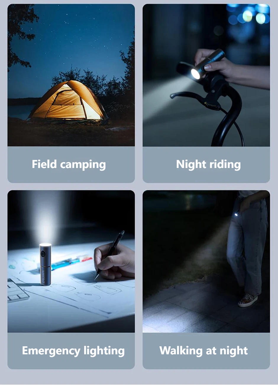 Philips New 7cm LED Rechargeable Mini Portable Flashlight 7 Lighting Modes For Hiking And Travel Self Defense