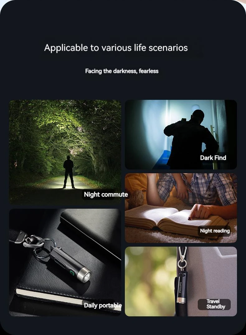 Philips New 7cm LED Rechargeable Mini Portable Flashlight 7 Lighting Modes For Hiking And Travel Self Defense