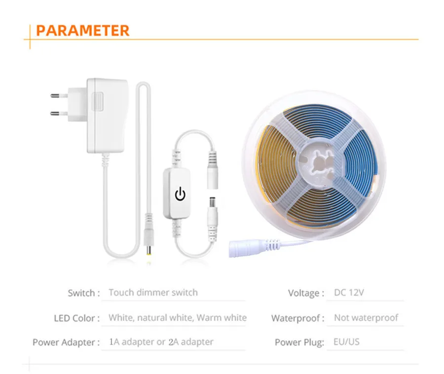 12V COB LED Strip Set 1M 2M 3M 4M 5M 320 Chips/M 3000K 4000K 6000K Dimmable Kitchen Room Light Tape + Power Adapter Touch Switch