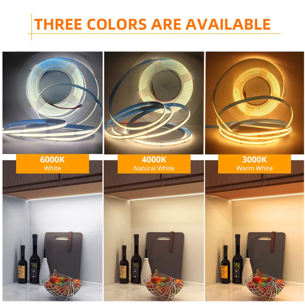 12V COB LED Strip Set 1M 2M 3M 4M 5M 320 Chips/M 3000K 4000K 6000K Dimmable Kitchen Room Light Tape + Power Adapter Touch Switch
