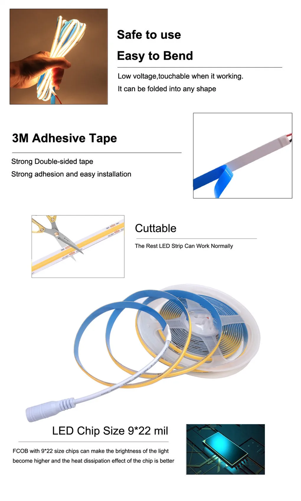12V COB LED Strip Set 1M 2M 3M 4M 5M 320 Chips/M 3000K 4000K 6000K Dimmable Kitchen Room Light Tape + Power Adapter Touch Switch