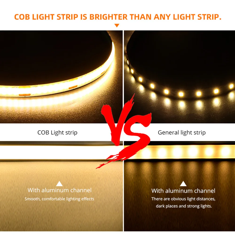 12V COB LED Strip Set 1M 2M 3M 4M 5M 320 Chips/M 3000K 4000K 6000K Dimmable Kitchen Room Light Tape + Power Adapter Touch Switch