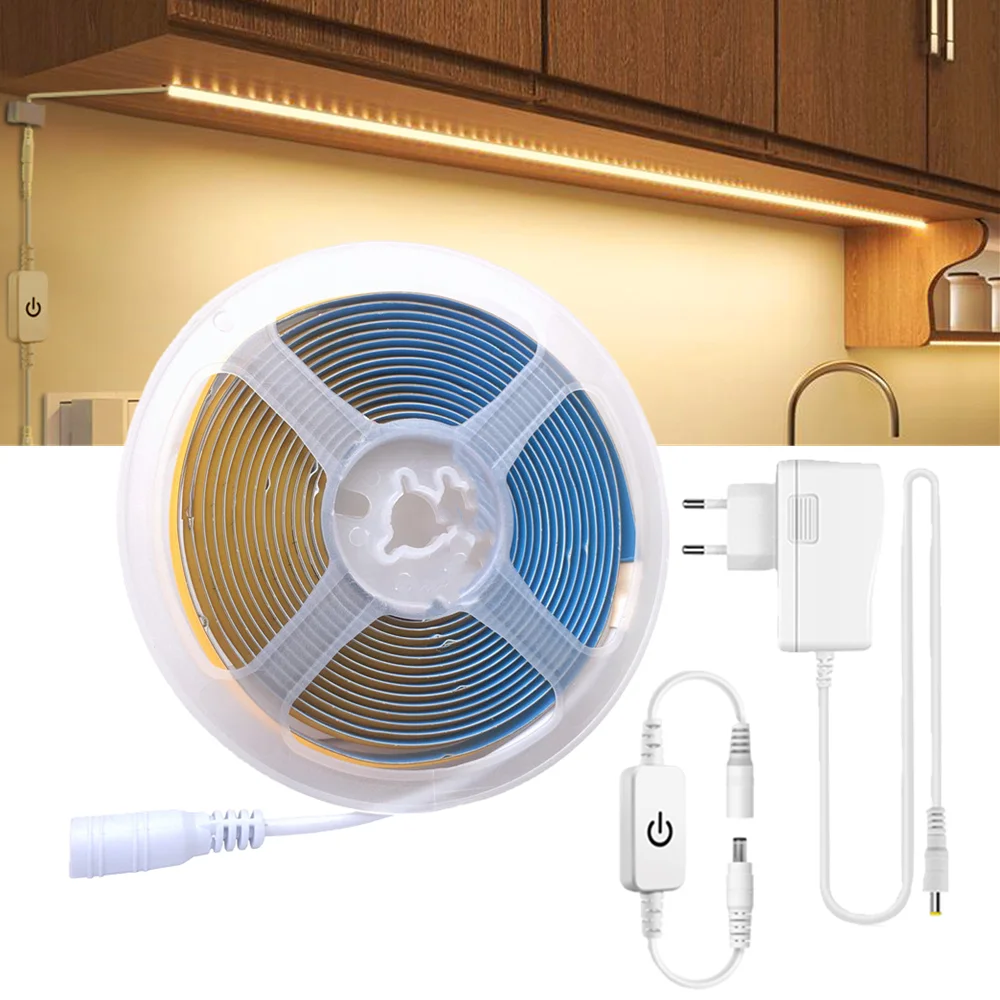 12V COB LED Strip Set 1M 2M 3M 4M 5M 320 Chips/M 3000K 4000K 6000K Dimmable Kitchen Room Light Tape + Power Adapter Touch Switch