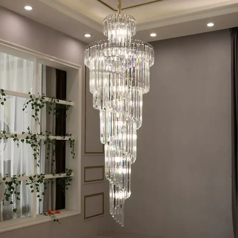 Long Crystal Staircase Gold Chandelier Modern Loft Crystal Lamp Luxury Villa Hotel Hall Living Room Large Chandelier Home Decor
