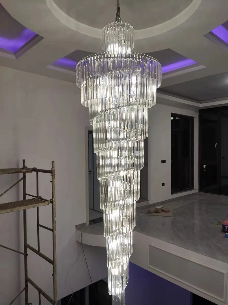 Long Crystal Staircase Gold Chandelier Modern Loft Crystal Lamp Luxury Villa Hotel Hall Living Room Large Chandelier Home Decor
