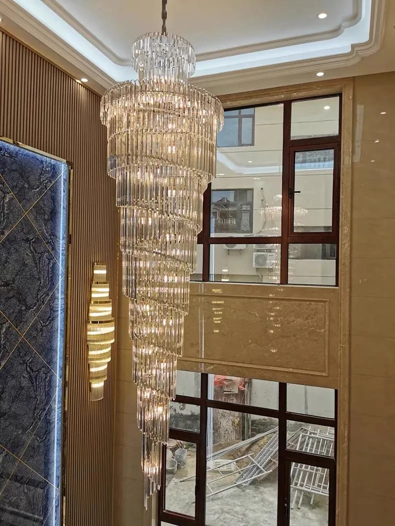 Long Crystal Staircase Gold Chandelier Modern Loft Crystal Lamp Luxury Villa Hotel Hall Living Room Large Chandelier Home Decor