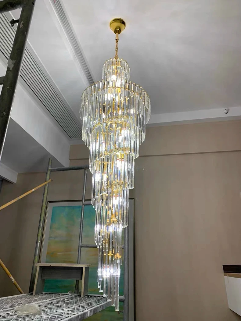 Long Crystal Staircase Gold Chandelier Modern Loft Crystal Lamp Luxury Villa Hotel Hall Living Room Large Chandelier Home Decor