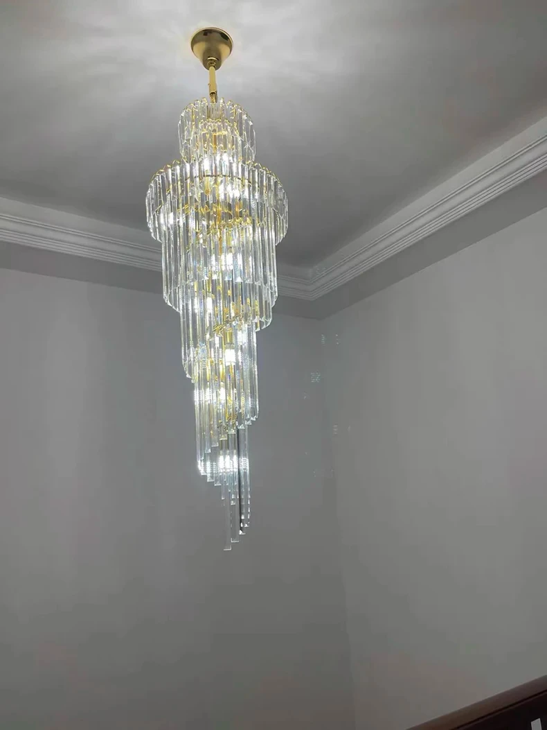 Long Crystal Staircase Gold Chandelier Modern Loft Crystal Lamp Luxury Villa Hotel Hall Living Room Large Chandelier Home Decor