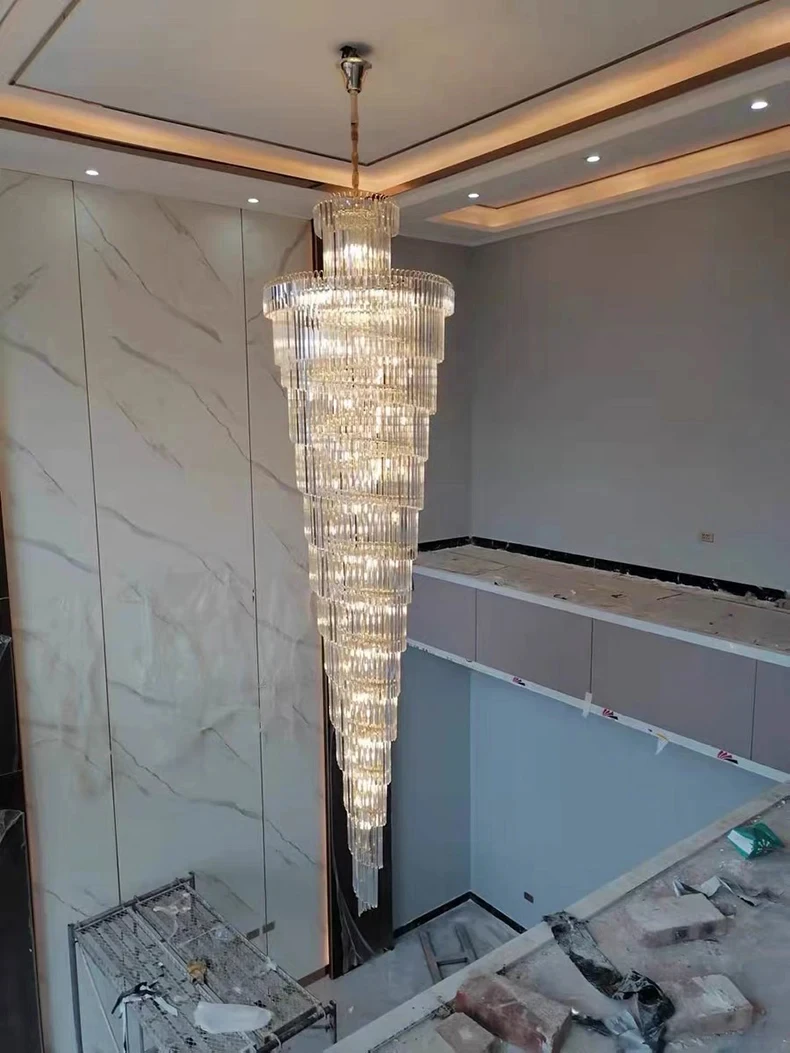 Long Crystal Staircase Gold Chandelier Modern Loft Crystal Lamp Luxury Villa Hotel Hall Living Room Large Chandelier Home Decor